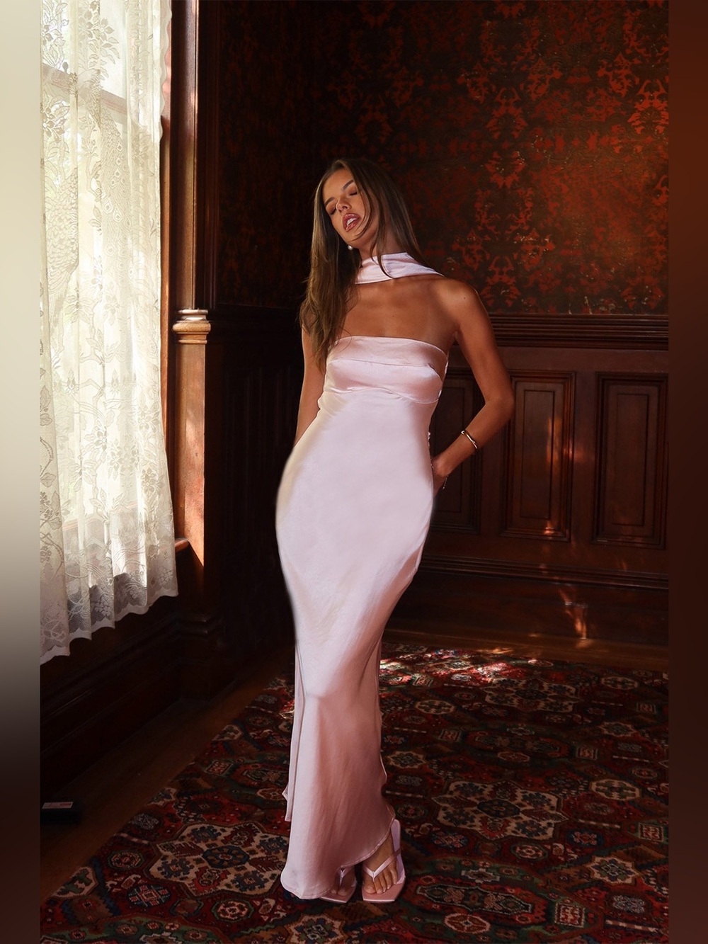 Selfie Leslie Pale Pink Strapless Maxi Dress with Neck Scarf